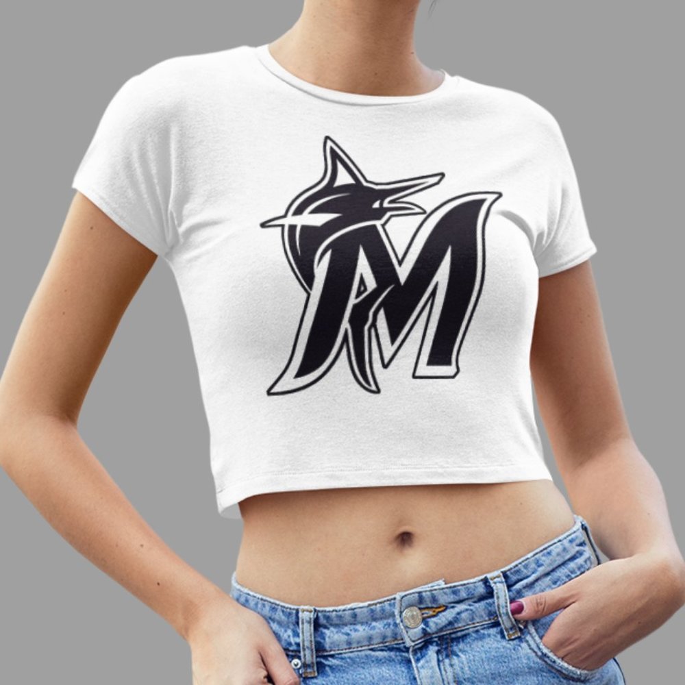 NEW Miami Marlins M Team Color Pop Form Fit Crop Top Shirt WHITE